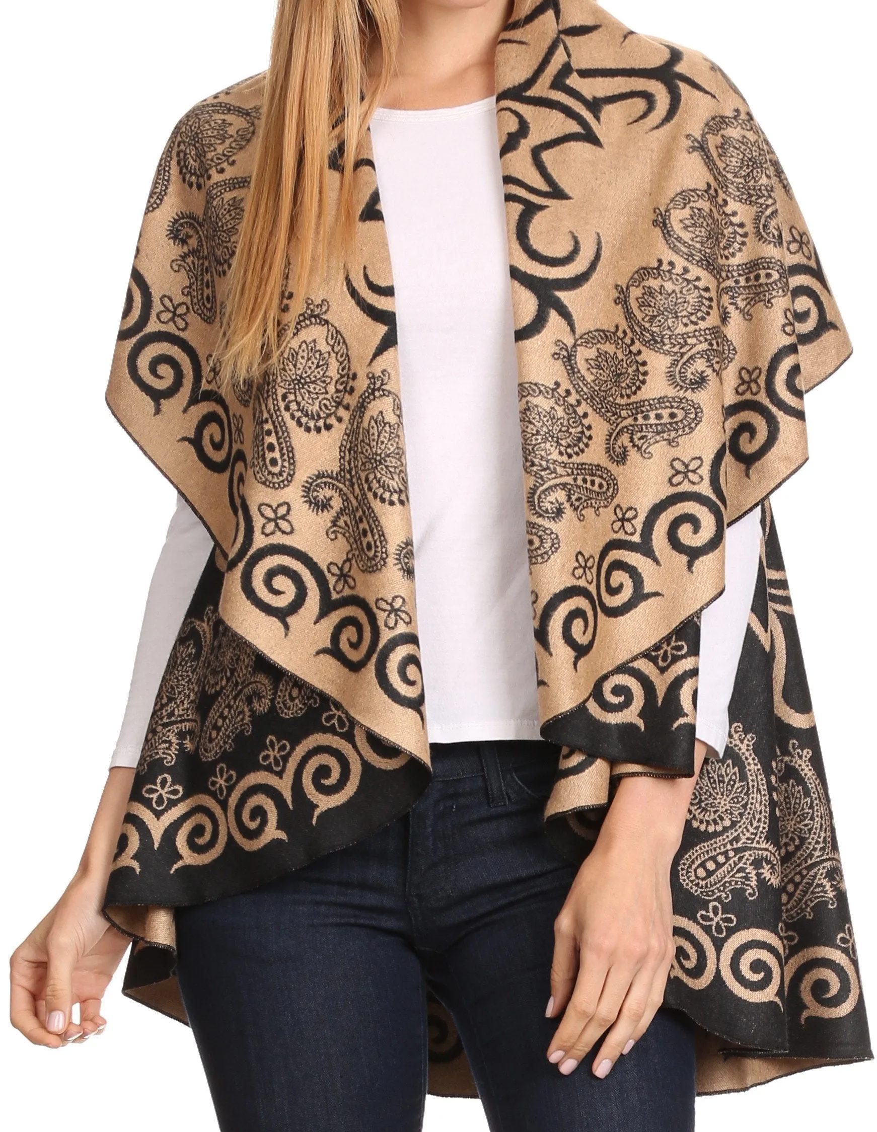 Sakkas Balie Reversable Printed Mid Weight Warm Poncho Throw Shawl / Cardigan