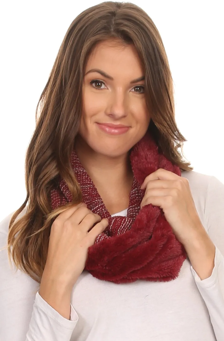 Sakkas Sele Short Two Textured Faux Fur Ribbed Knit Mixed Designed Infinity Scarf