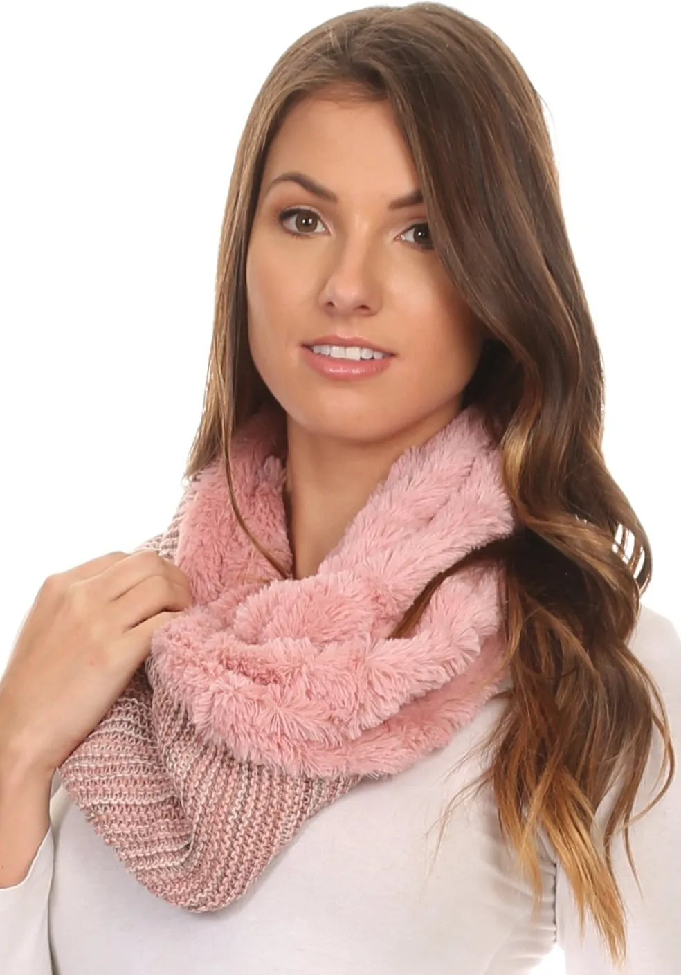 Sakkas Sele Short Two Textured Faux Fur Ribbed Knit Mixed Designed Infinity Scarf