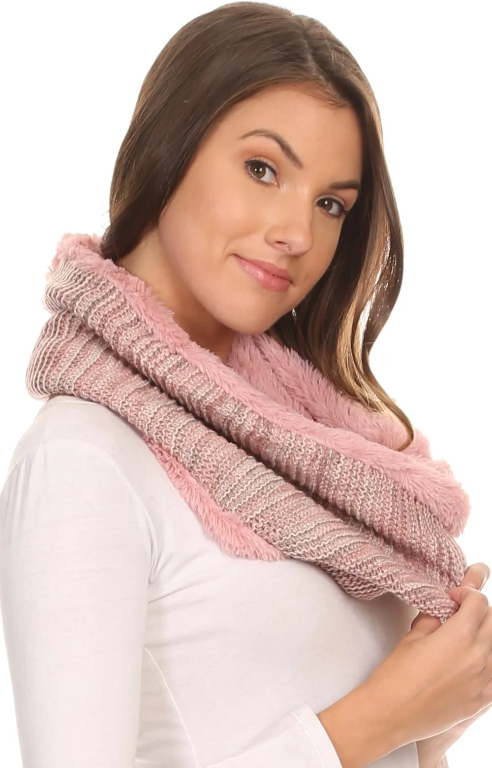 Sakkas Sele Short Two Textured Faux Fur Ribbed Knit Mixed Designed Infinity Scarf