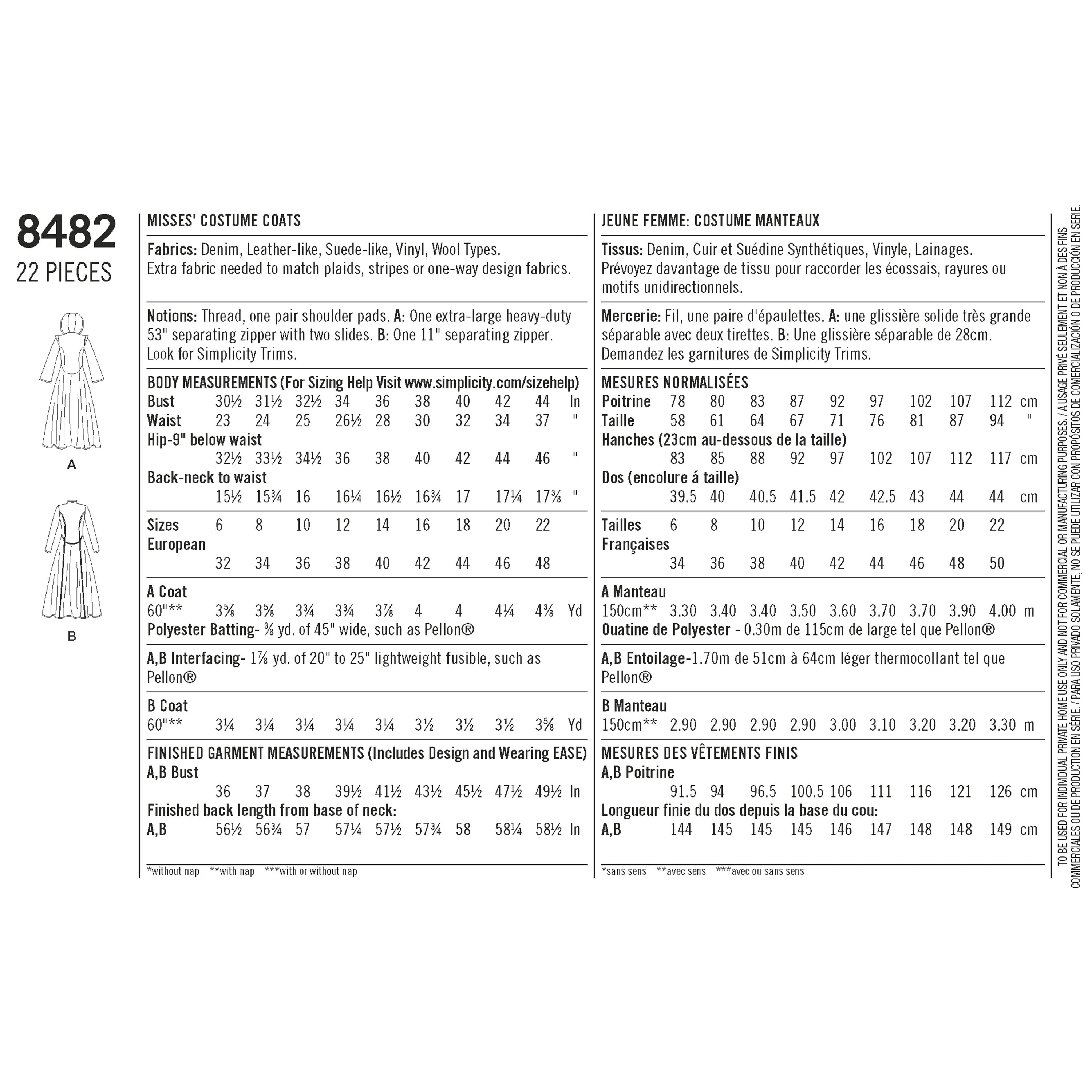 Simplicity Pattern 8482 Msses' Costume Coats