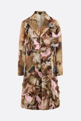 single-breasted printed technical chiffon coat with gathering