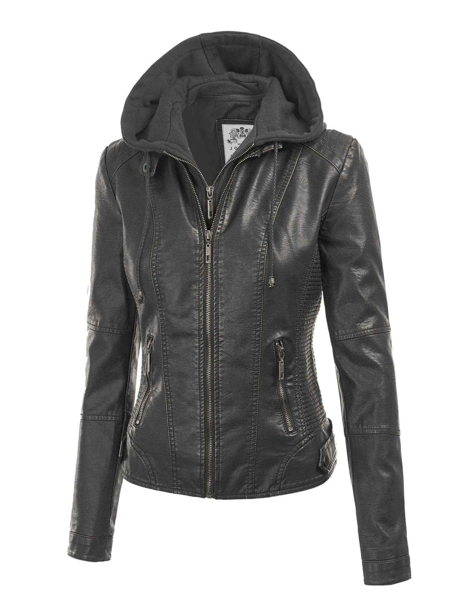 Womens Faux Leather Motorcycle Jacket with Hoodie