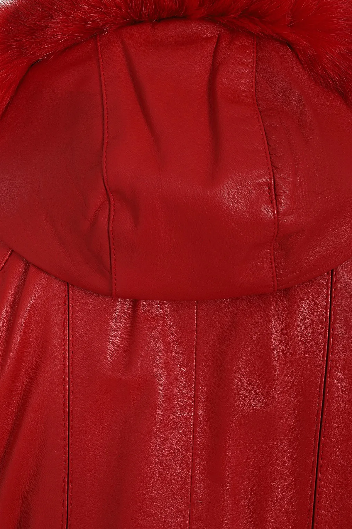 Women's Quality Red Leather Hip Length Coat with Fur Trimmed Detachable Hood - 'CARLA'