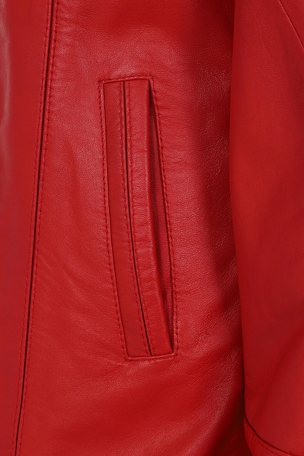 Women's Quality Red Leather Hip Length Coat with Fur Trimmed Detachable Hood - 'CARLA'